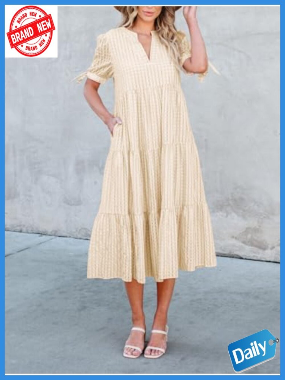 Women's V-Neck Empire Waist Midi Dress: Short Puff Sleeve Tiered Gingham - Picture 4 of 6